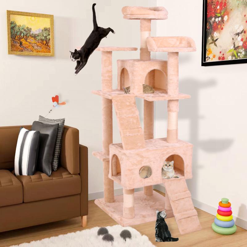 PINGO HOME Cat Tree Tower with Multiple Levels, Sisal Scratching Posts, Large Condo, Climbing Ladder, and Plush Toys for Indoor Kittens - Pink Color