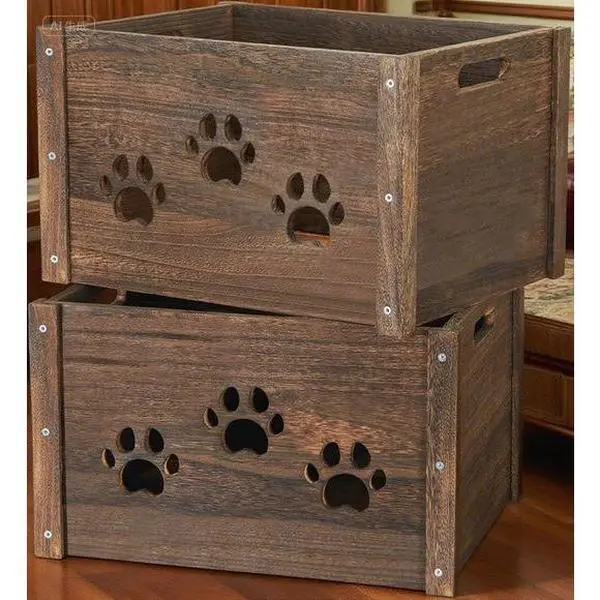 Handmade Rustic Wood Storage Box 2-Pack, Farmhouse Home Decor Display Boxes with Cut Handles, Durable Hollow Wooden Containers, Large Vintage Organizers with Cap, Brown Vanilla Bee Charm, Mini Basket & Sugar Jar