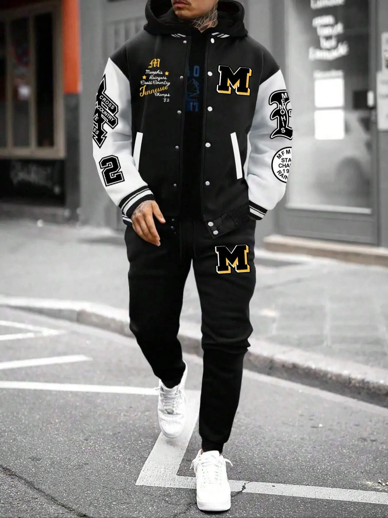 Men's Letter Print Jacket & Pants Two-piece Set, Streetwear Set, Regular Fit Casual Fashion Cozy Breathable Two Piece Outfits for Daily Outdoor Wear, Men Clothes for Fall & Winter, Outfit Sets