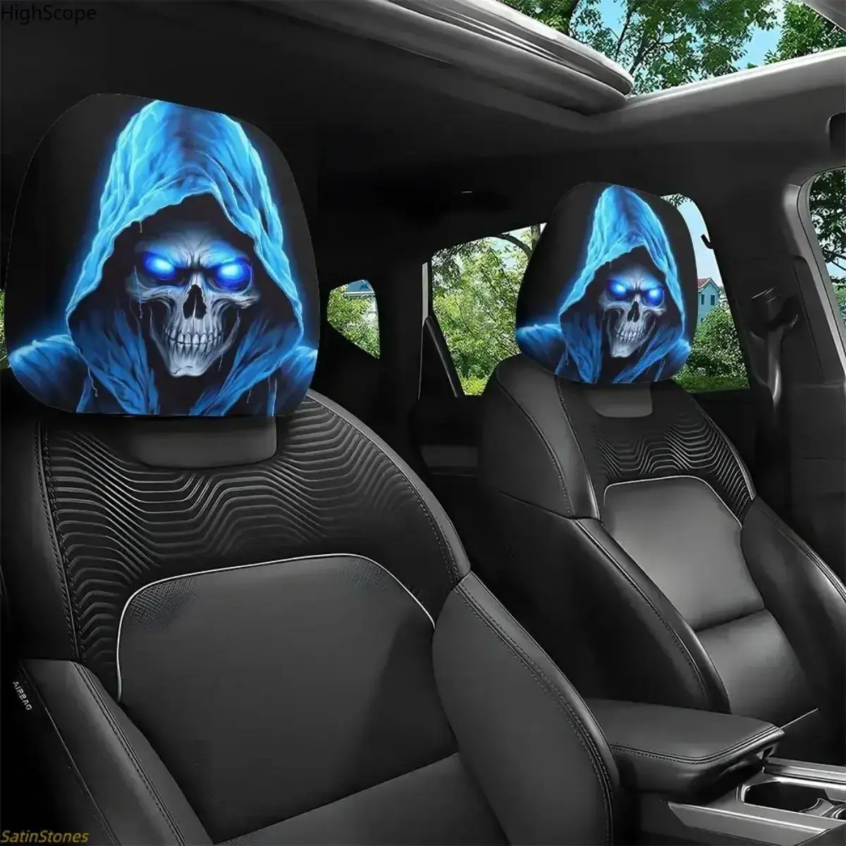 Blue Ghost Skull Car Headrest Covers, 2PCS Universal Accessories, Gothic Car Accessories, Car Interior Accessory