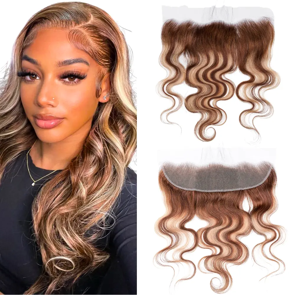 P4/27 Piano Honey Blonde Frontal 13x4 HD Lace Closure 100% Remy Human Hair 15A Body Wave Straight Pre Plucked Baby Hair Cuticle Aligned Chocolate Brown mix Blonde