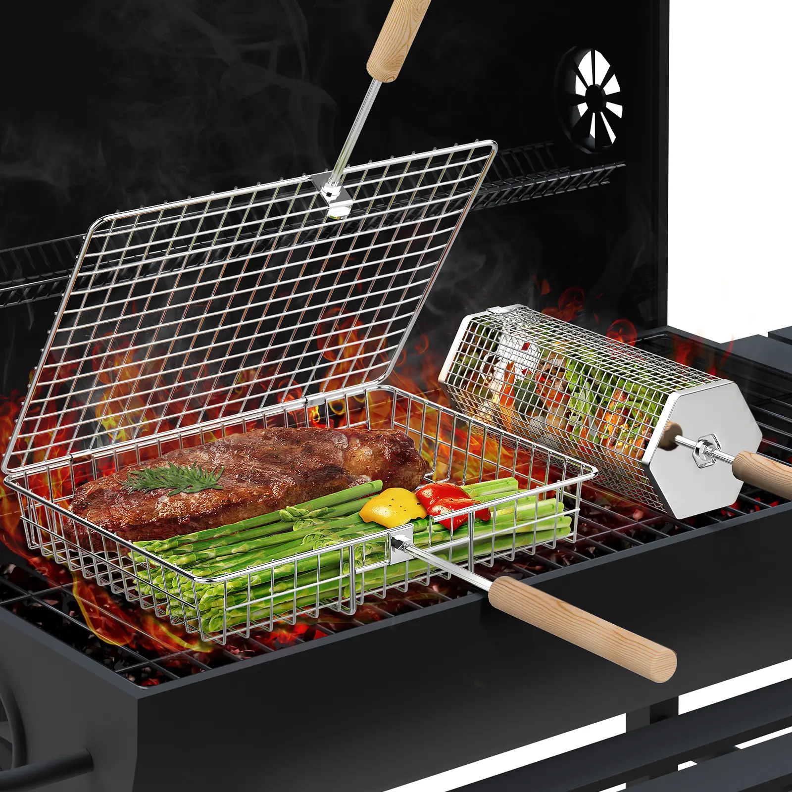 Ivtivfu 2PCS 304 Stainless Steel Barbecue Utensils Set - 2-Shape Wire Mesh Grill Baskets (Rectangle/Hexa) with Removable Beech Wood Handles, Heavy Duty BBQ Accessories, for Outdoor Cooking, Gifts for Him, Stunning Gift Packaging