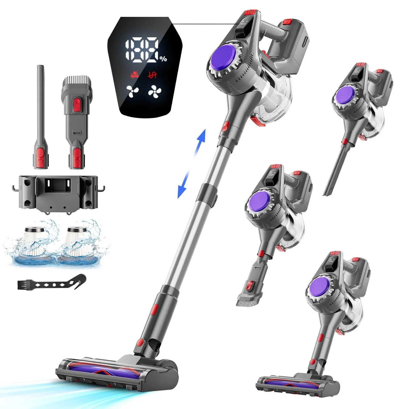 HOOFUN Cordless Stick Vacuum Cleaner, 50mins Runtime, 6*2600mAh Rechargeable Battery, Powerful Suction for Carpet, Hardwood Floors, Silver Gray