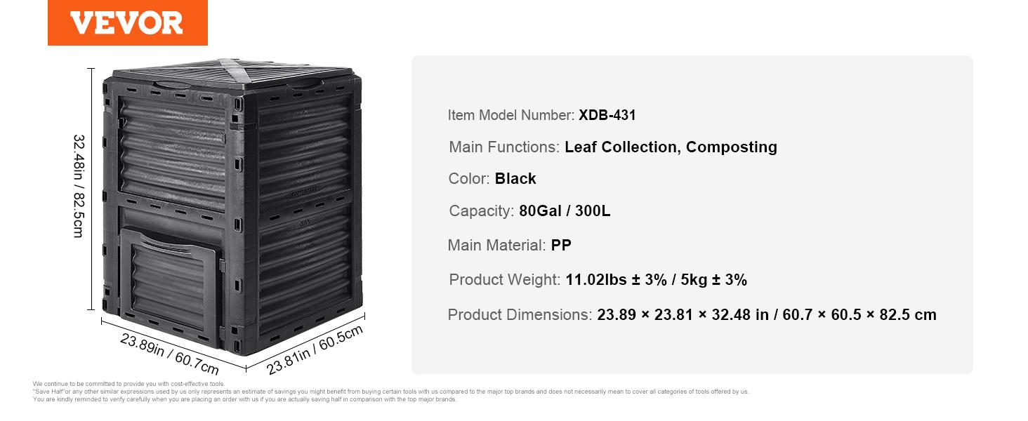 VEVOR Garden Compost Bin 80 Gal, TikTokShopBlackFriday, BPA Free Composter, Large Capacity Outdoor Composting Bin with Top Lid and Bottom Door, Easy Assembling, Lightweight, Fast Creation of Fertile Soil