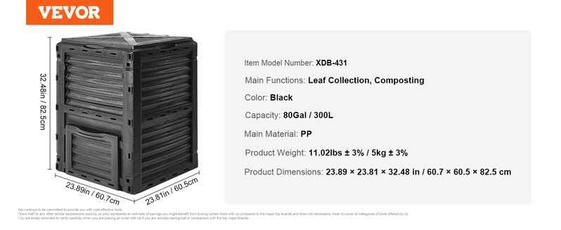 VEVOR Garden Compost Bin 80 Gal, TikTokShopBlackFriday, BPA Free Composter, Large Capacity Outdoor Composting Bin with Top Lid and Bottom Door, Easy Assembling, Lightweight, Fast Creation of Fertile Soil