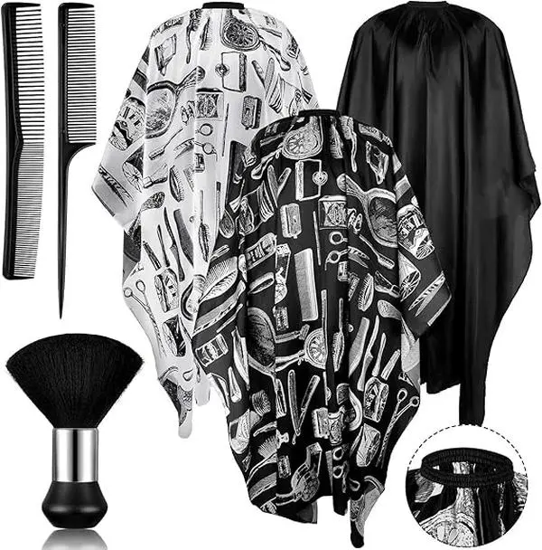 6PCS Professional Unisex Barber Cape - Durable Lightweight Adjustable Polyester Patterned Shawl with Design, Salon Equipment Includes Cleaning Brush, Comb, Headband for Home Salon Cuts