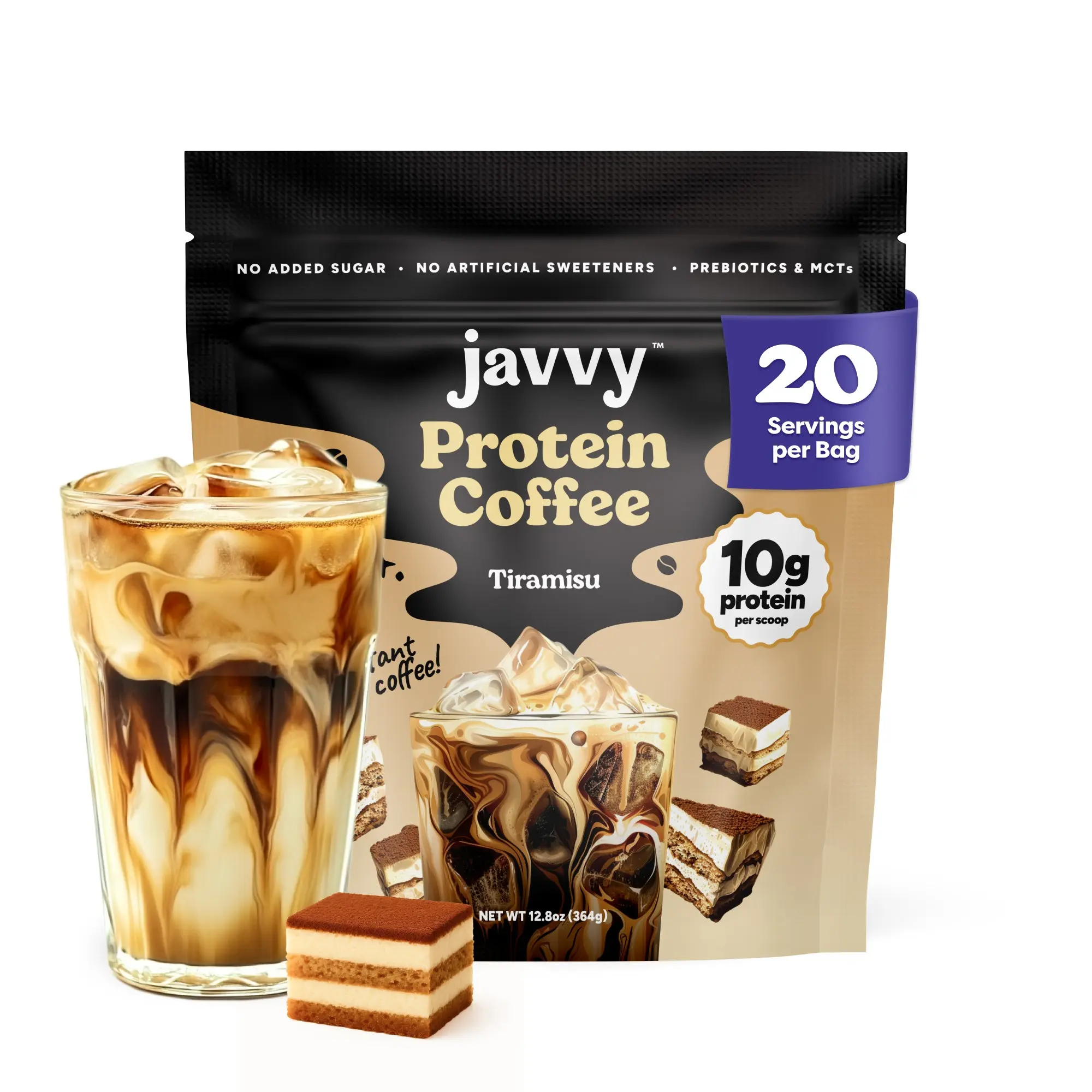 Javvy Tiramisu  Protein Iced Coffee Beverage - Premium Arabica Cold Brew, Whey Protein, 80 mg Caffeine Per Serving, 0 Artificial Flavors/Sweeteners, No Added Sugar, 20 Servings Instant Coffee