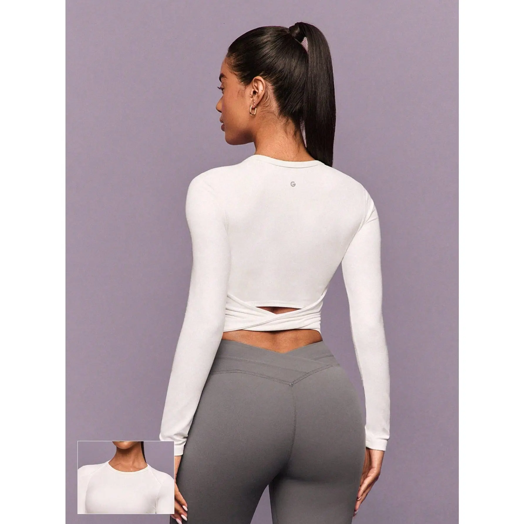 GLOWMODE FeatherFit™ Twist And Flow Crewneck Twisted Back Thumbholes Built-In Bra Long-Sleeve Top Low-Impact Yoga Pilates Barre Gym Studio Daily Casual Wear