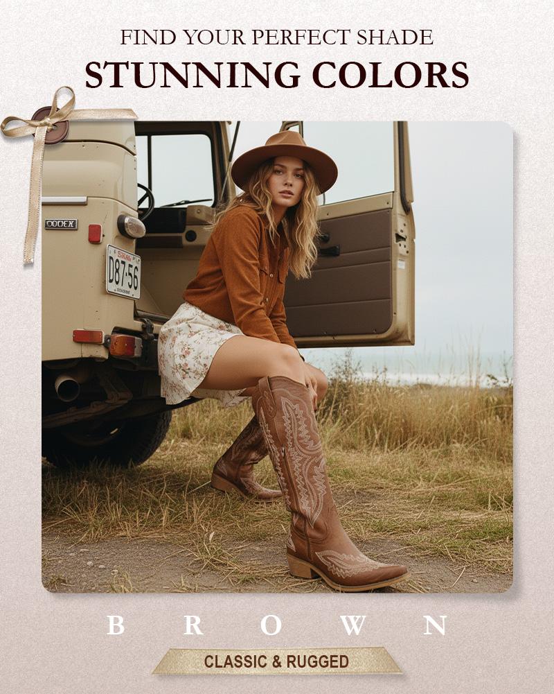 UTIFU Bold Embroidered Cowgirl Boots for Women with Western Charm Knee-High Durable Heel in Grey Brown Red & Turquoise