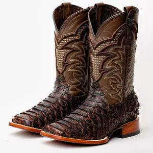 Brown Jumbo Python Leather Boots - Square Toe