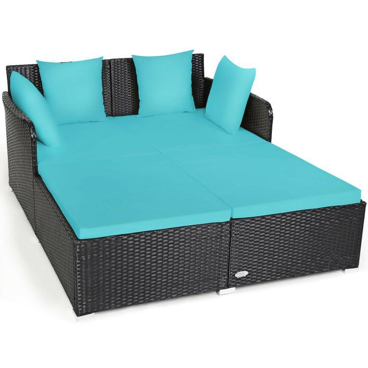 Spaco Outdoor Rattan Daybed, Sunbed Wicker Furniture w/Spacious Seat, Upholstered Cushion & High-Resilience Sponge, Wicker Patio Sofa Set w/Extra Pillows for Courtyard Poolside