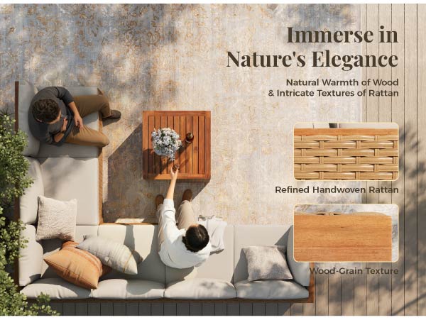 【1 or 2 Packages Shipping】Phivilla Home Outdoor Patio Rattan Furniture Set with Acacia Wood Coffee Table, Thick Cushions – 3/7-Piece Sofa Set for Balcony, Porch & Patio, SpringGlowUp