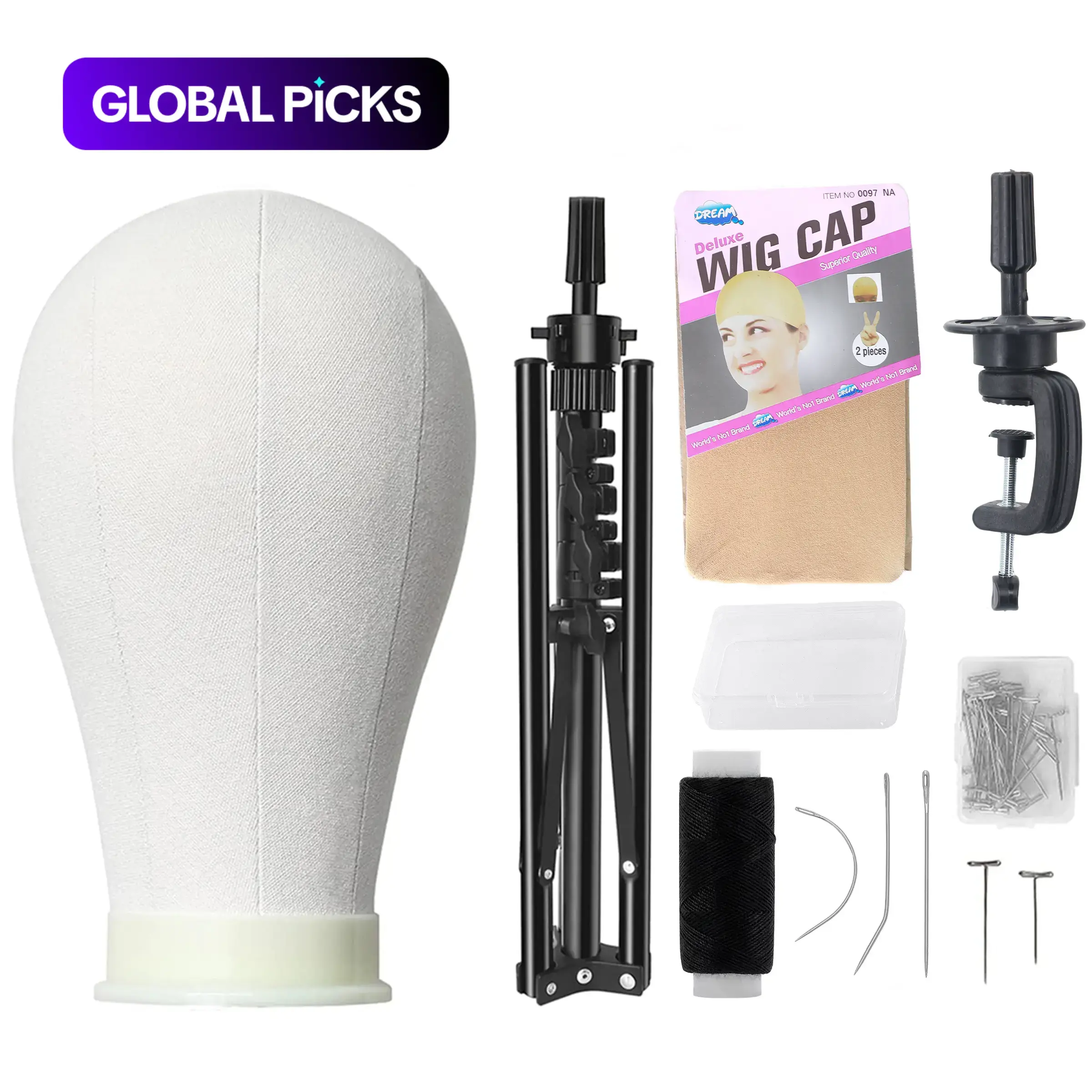23-Inch Wigs Head Canvas Block Human Model Head Mannequin Head, Wig Installation Kit, Includes Wig Display Stand, 30x T-Screws, 2x Wig Caps, 1x Vise, 1x Sewing Kit #GLOBAL PICKS