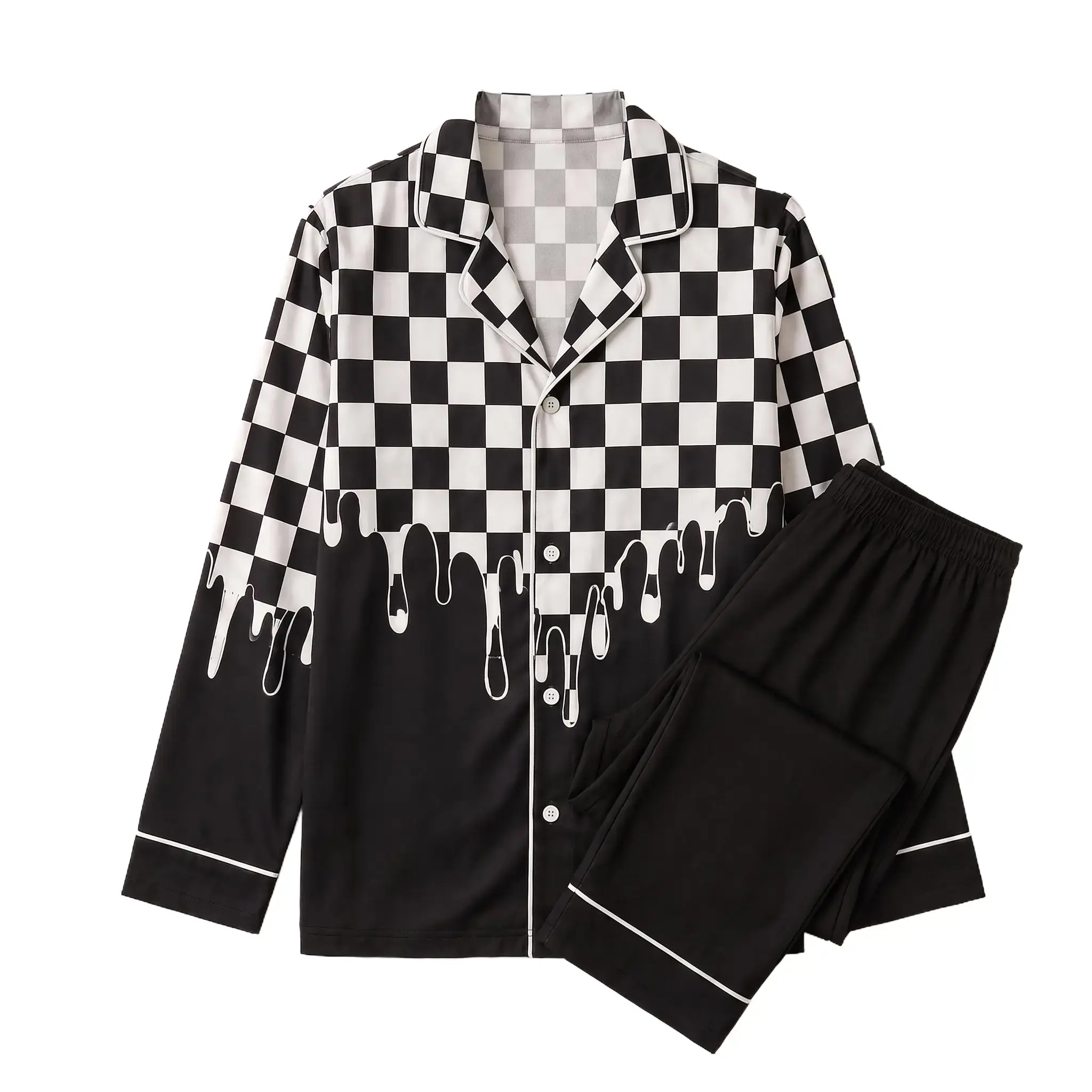 Men's Elegant 2-Piece Black & White Checkered Satin-Silk Pajama Set - Long-Sleeve Top, Matching Black Lounge Pants, Menswear Sleepwear & Loungewear