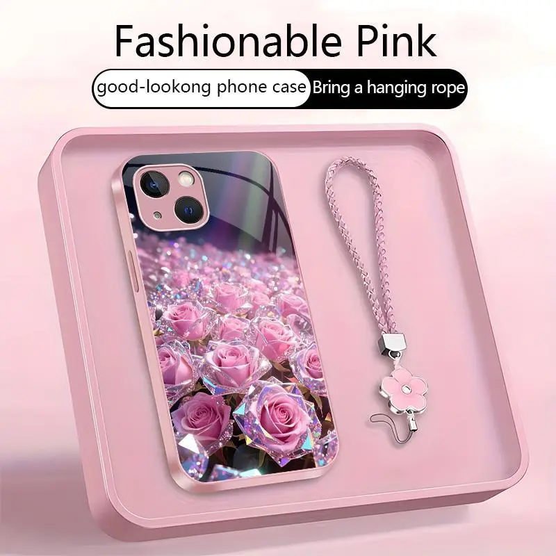 Suitable for [iPhone 13 Mini], a premium women’s phone case 🤩, featuring a beautiful four-leaf clover lanyard 🍀. A free four-leaf clover lanyard is also included. Optical Illusion Crystal Rose Art Phone Case 952