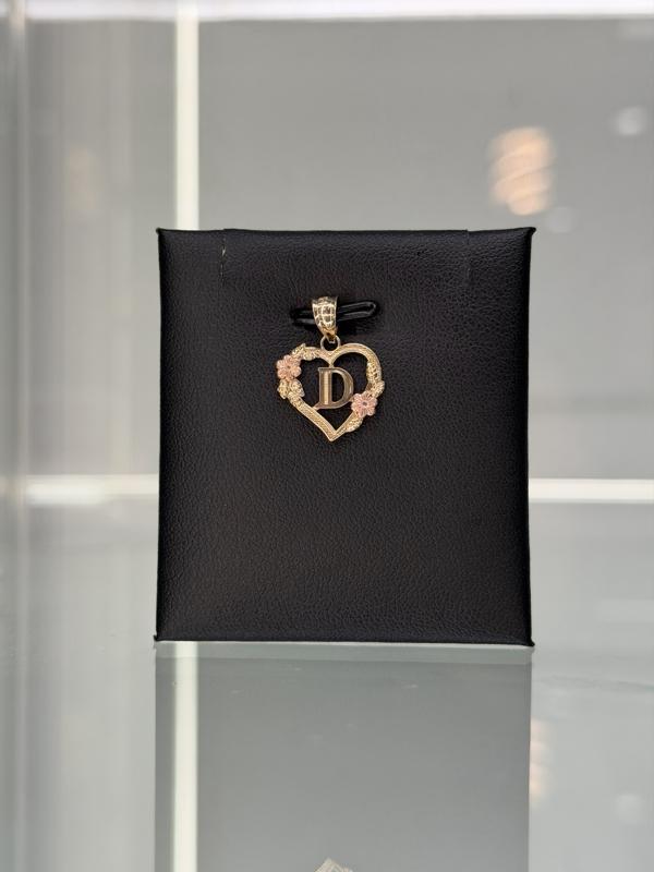 14KT Gold Heart Letters A-Z with Flowers Delicate and Beautiful