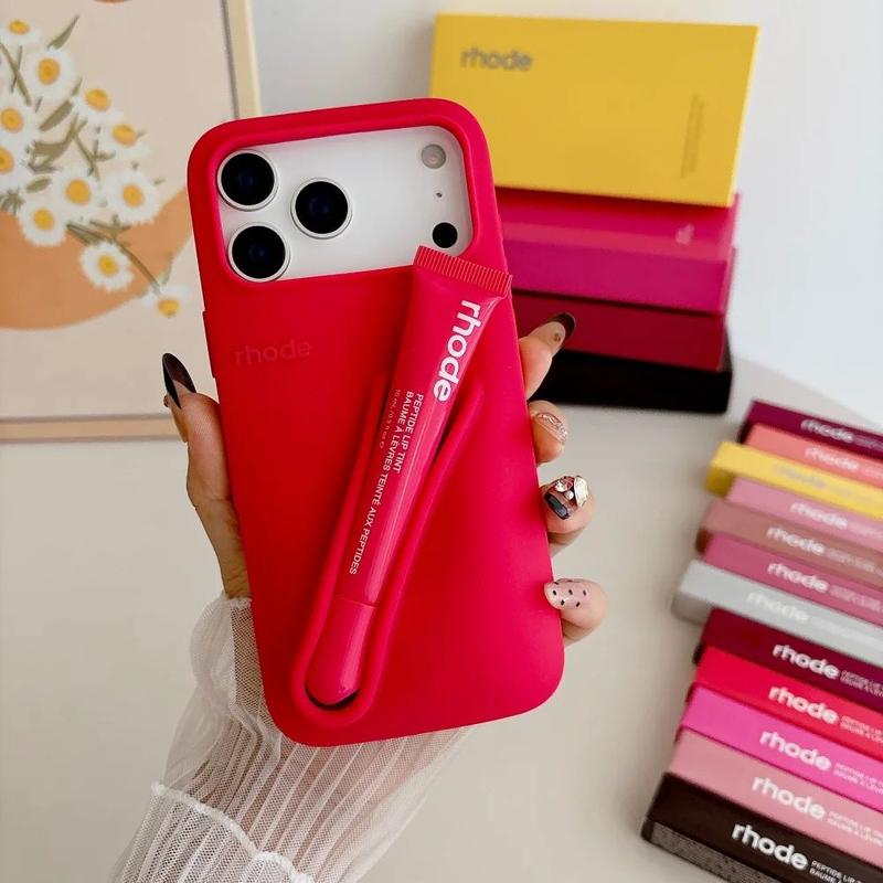 Rhode Cute Makeup Aesthetic Phone Case with Built-In Lip Balm Holder for iPhone 11 12 13 14 15 16 17, Shockproof Protective Back Cover, Stylish Beauty Phone Accessory for Women and Daily Carry