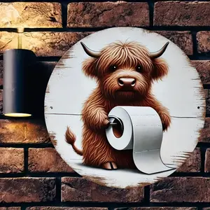 1PC 7.87x 7.87inch Iron Cute Highland Cow Toilet Paper Holder: 8 x 8inch Round Sign, Perfect for Home, Bathroom, Coffee Shop or Door Decoration - Artistic and Romantic Gift