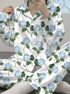 Women’s Hydrangea Bloom Blue Hydrangea Watercolor Flower Short Sleeve Satin Pajama Set, Long Sleeve Satin Pajama Set