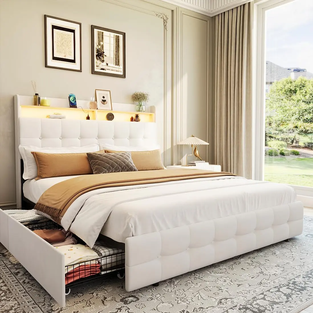 Bed Frame Full with Headboard and 2 Storage Drawers, Full Size Upholstered Bed Frame with LED Light, Modern Soft Bed with Charging Socket and USB, Soft Plush Fabric, Noise Free