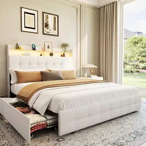 Bed Frame Full with Headboard and 2 Storage Drawers, Full Size Upholstered Bed Frame with LED Light, Modern Soft Bed with Charging Socket and USB, Soft Plush Fabric, Noise Free