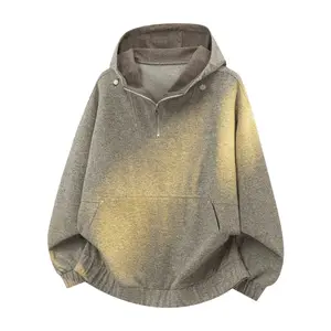 Men’s spring new color-block loose casual hoodie with half zip; a loose, versatile heavyweight hooded pullover for both men and women, made from soft, comfortable fabric, suitable for everyday wear.