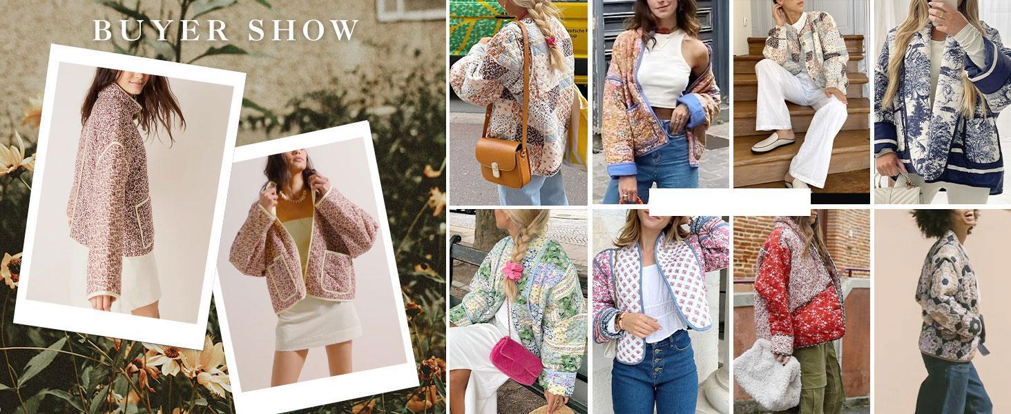 JovenPara Women's Cropped Floral Quilted Jacket Cardigan Printed Lightweight Open Front Padded Puffer Coat
