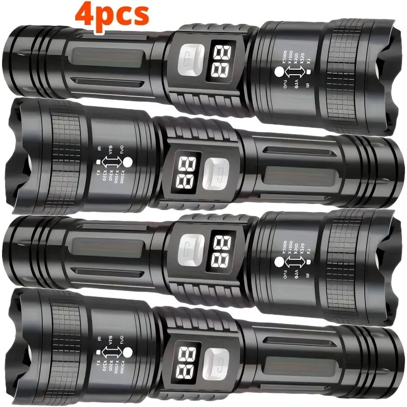 4pcs Rechargeable High-Power Flashlights with Zoomable Handheld Spotlight, USB Cable, Super Bright, Long Range, Tactical Work Light for Camping, Hunting, Hiking, Emergency Worklight, Adjustable Tactical Flashlight, High Power Torch