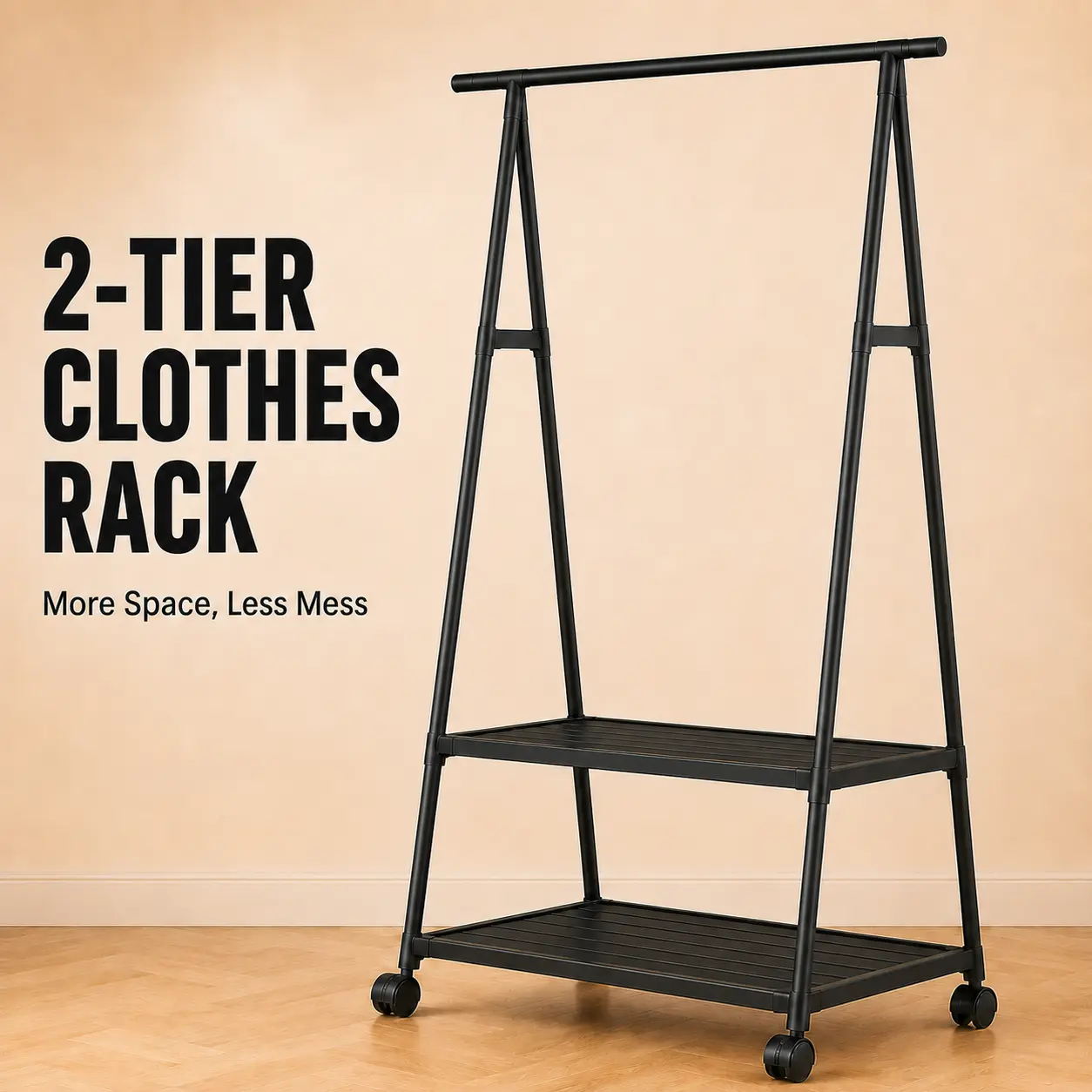 Rolling Clothing Rack with 2-Tier Shoe Storage Shelves, Freestanding Garment Rack with Wheels & Hanging Rod, Space Saving Clothes Organizer for Bedroom, Closet & Entryway