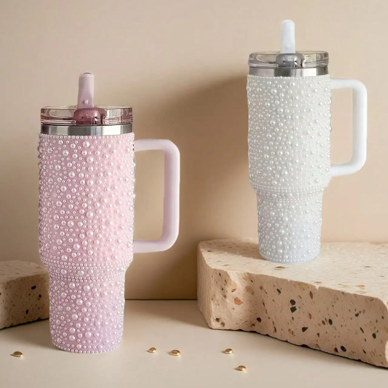 1PC, 40oz Stainless Steel Tumbler With Handle, Full Body With Pearl Drill Decoration, With Handle Straw, Suitable For Home And Outdoor Use, Can Be Completed As A Gift To Family And Friends