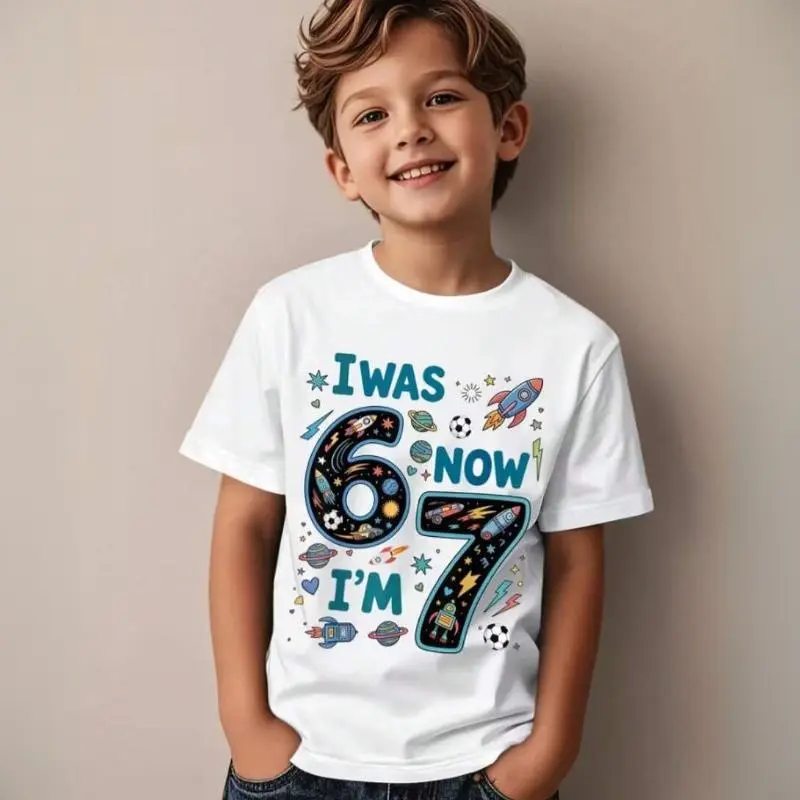 Unisex 7-Year-Old Cute Shirts Funny Graphic Tee, "I Was 6 Now 7 & 67" Number Design, Short Sleeves Cartoon Space, Crew Neck Regular Fit Boys' All-Season Soft Breathable Birthday Party Top