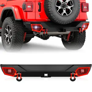 【Yzona】Rear Bumper Compatible with 2018 2019 2020 2021 2022 2023 2024 2025 2026 Jeep Wrangler JL JLU Unlimited (2/4 Doors) with Paintable Armor, 18W LED Lights, 2" Hitch Receiver & D-Rings