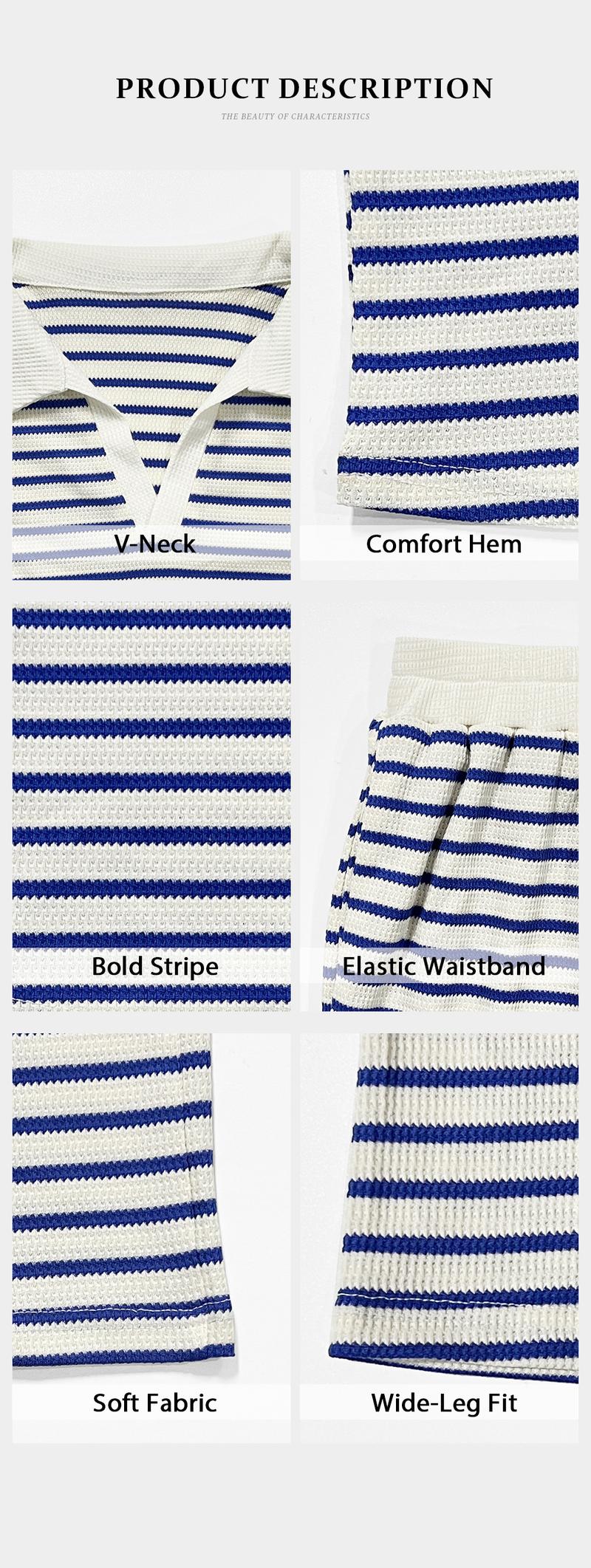 KatchMe Women's Casual Color Matching Stripe Long Sleeve Top & Wide Leg Trousers Co-ord, Soft V-Neck Loose Two Piece Outfits, Comfortable Womenswear