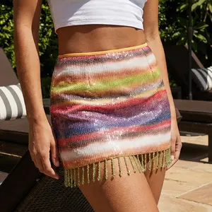 Women's Sequin Mini Skirts Fashion Low Waist Rainbow Color Tassel HemFit Skirts Short Club Skirts