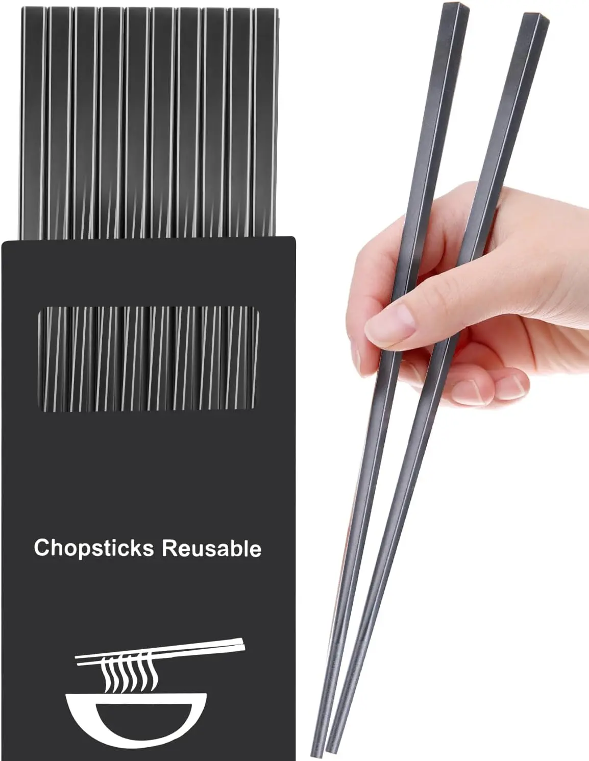 5 Pairs Dishwasher Safe Fiberglass Chopsticks Set,9.5 Inch   Chinese Chopsticks , Non-Slip, Easy to Use (colorful ) (9.5 inch, pure black)