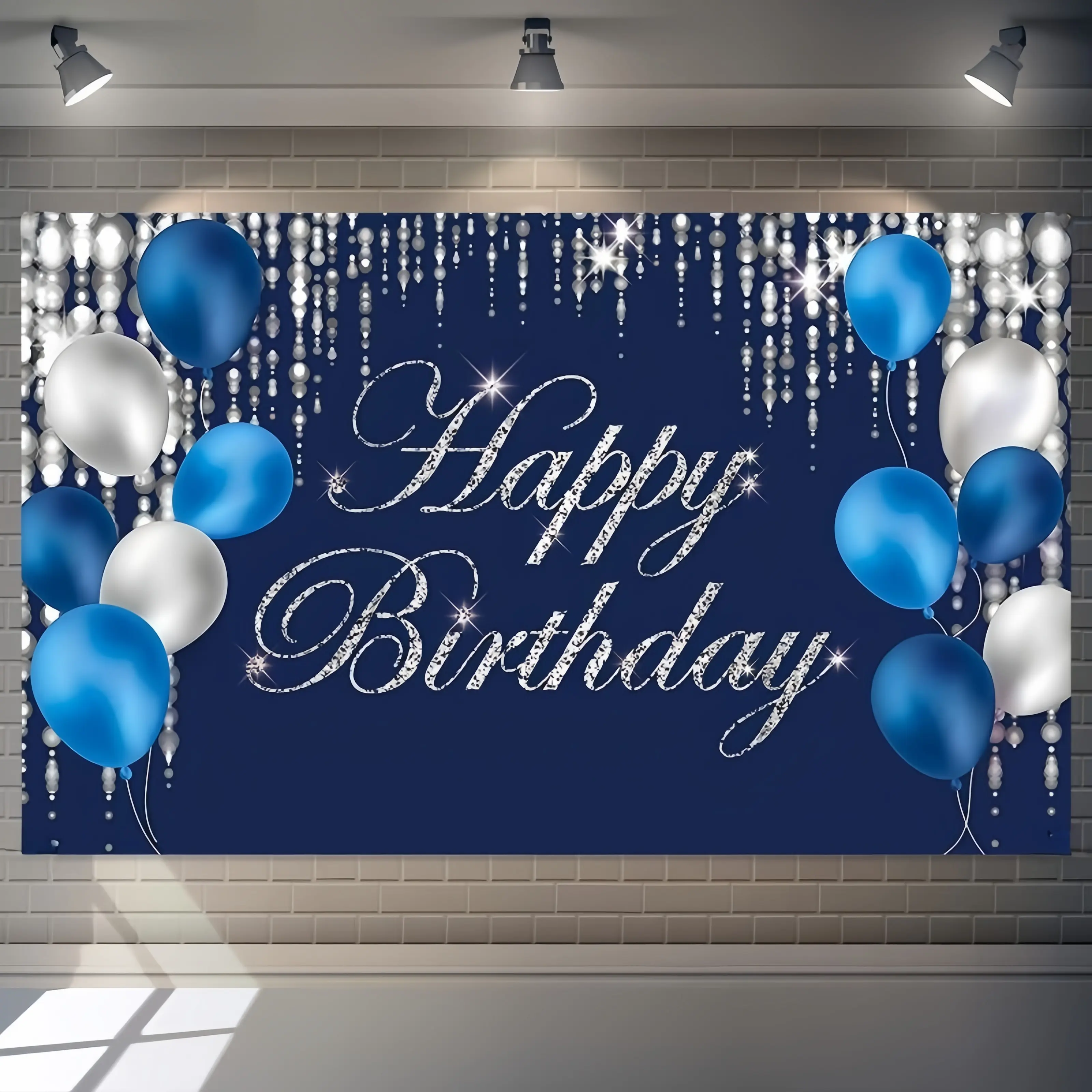 1pc Navy Blue & Silvery Letter Print Birthday Backdrop Banner, 5x3ft Polyester Party Decor, Non-Electric Featherless Photo Studio Background for Youngsters’ Home & Anniversary Celebrations, One-Piece