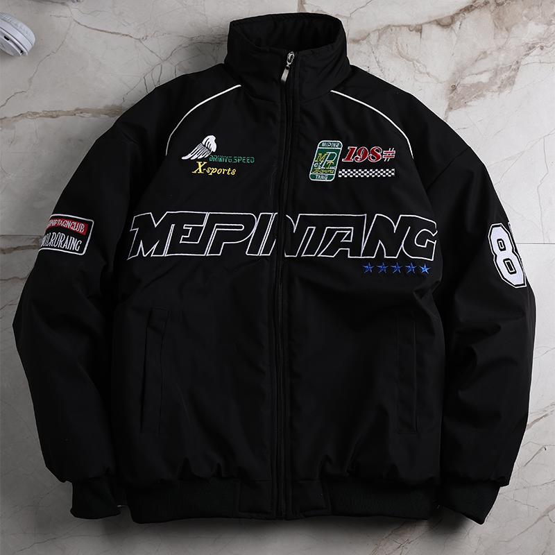 Men's Racing Style Bomber Jacket - Graphic Print with Patch Details, Stand Collar Design, Fleece Fabric Offers Comfort and Warmth, Perfect for Casual Street Style, Everyday Wear, or This Season's Trendy Sporty Look Coats Long Sleeve
