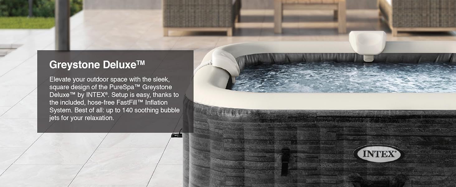 Intex PureSpa Plus Greystone Inflatable Square Hot Tub with 170 Air Jets Portable & LED LIGHTS 290-Gallon Capacity 1-Year Warranty