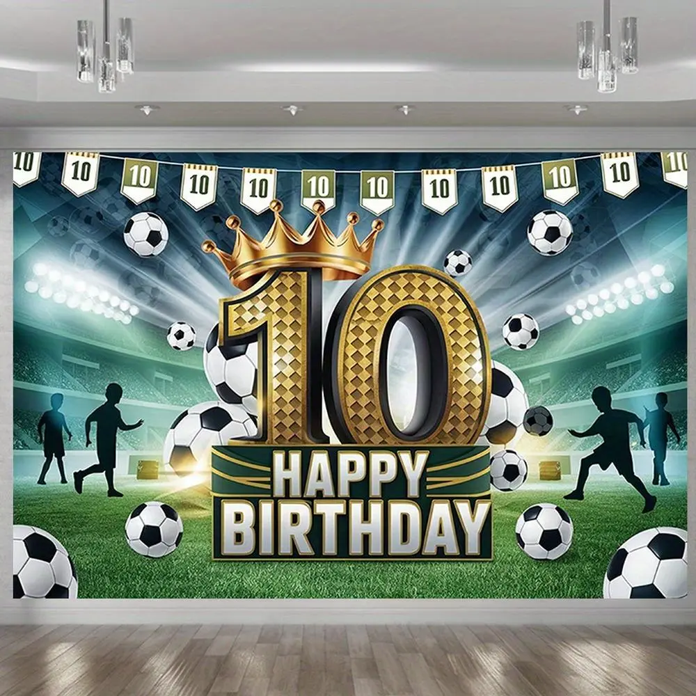 1pc Modern Farmhouse Football Print 10th Birthday Party Banner - Amber Glow Polyester Luminous Number Backdrop, Soccer Field Design, Golden "10" & Trophy Decor, Green & White Text, Decorative Indoor & Outdoor Home Wall Display