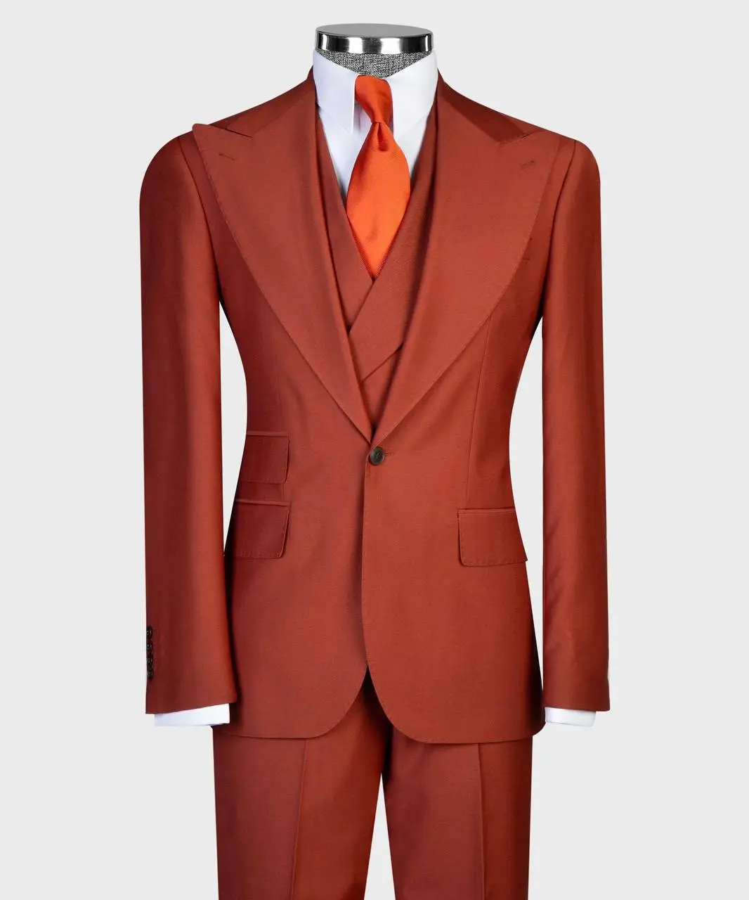 Men's Terracotta Red 3-Piece Suit, European Slim Fit Formal Wear in Super 200S Wool Fabric with 1-Button Jacket, Double Waistcoat & Trousers, Pants, Solid, European Cut
