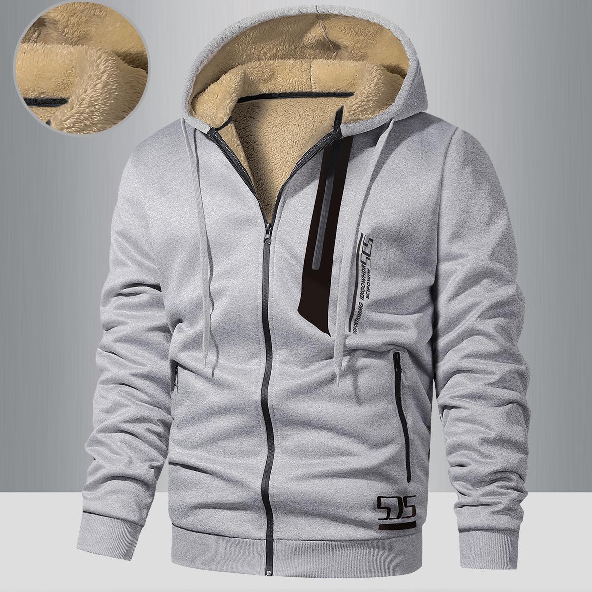 Men's Winter Fleece Lined Warm Hooded Jacket - Super Thick Windproof Zip Up Sports Sweatshirt with Pockets, Gray, Long Sleeve, Polyester, Casual Wear for Extreme Cold Weather, Autumn and Winter SpringStatements