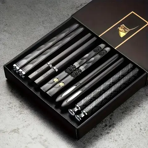 Adult 5-Pair 9.5-inch BPA-Free Alloy Steel Chopsticks Set, Japanese-Style, Durable Non-Slip Food-Grade Reusable Cutlery, Dishwasher Safe for Home Kitchen Tableware