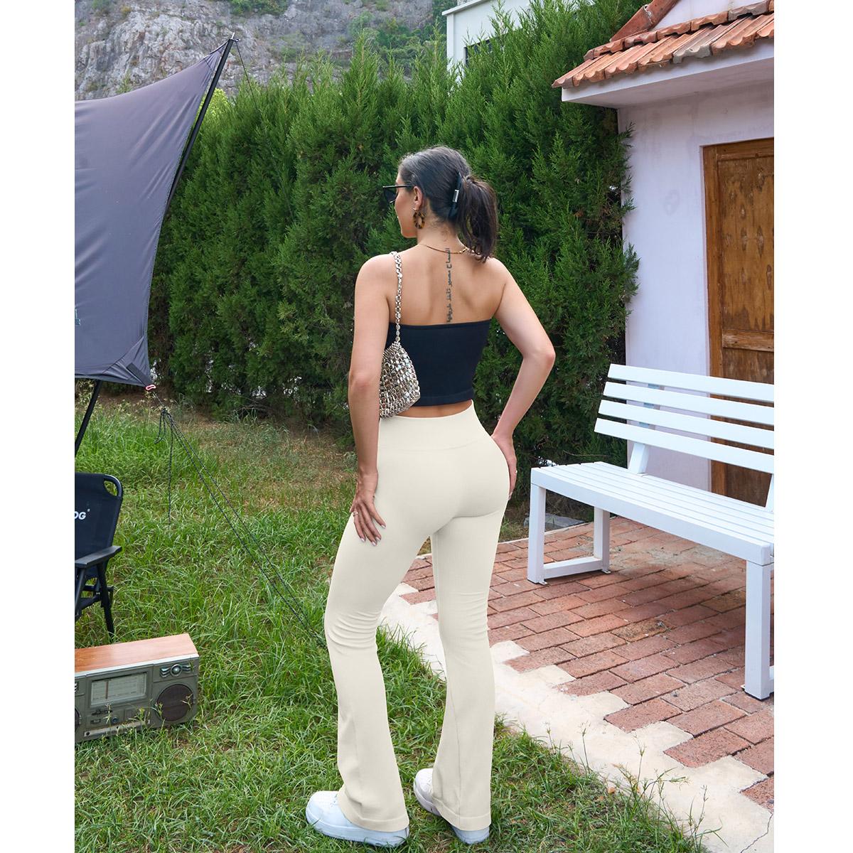 OQQ Women's 2 Piece Flare Pants Ribbed Seamless Workout High Waist and Cross Over Bell Tummy Control Bottoms Basic Comfort Exercise Flare Leggings SpringStatements