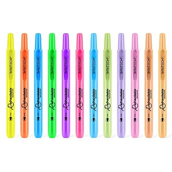 WRITECH Retractable Highlighters Assorted Colors: Chisel Tip Click Aesthetic Highlighter Marker Pens Pack Multi Colored Ink No Bleed Smear for Highlighting Journaling (12ct Neon+Pastel)