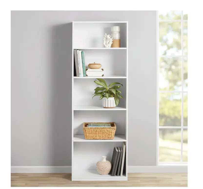 5-Shelf Wood Bookcase with Adjustable Shelves Sturdy Storage Cabinet for Books Décor & Office Supplies Space-Saving Vertical Bookshelf White Finish