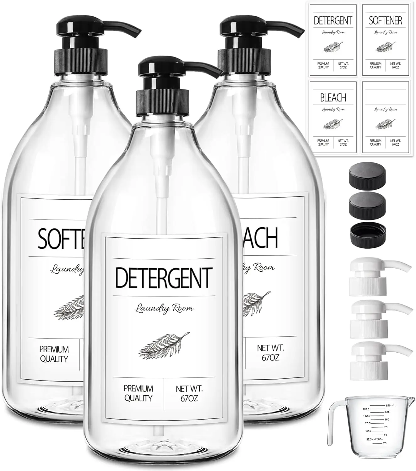 ISUN Laundry Detergent Soap Dispenser, Liquid Laundry Detergent Dispenser, Container for Farmhouse Laundry Room Decor, Organizer for Liquid DetergentSoftenerBleach Storage Bottle(64 Oz Set of 3)