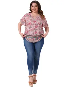 Agnes Orinda Women's Plus Size Keyhole Ruffle Short Sleeve Top Retro Vintage Boho Floral Summer Top Blouse Pink
