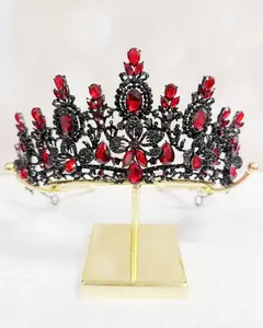 Dark Queen Crown Black Floral Renaissance Headpiece with Ruby Stone Accents for Special Occasions
