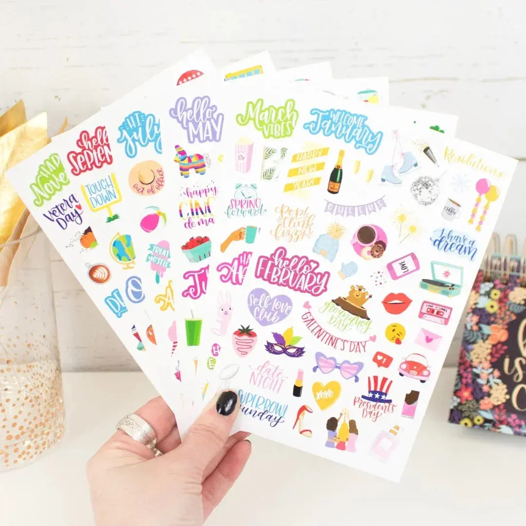 Bloom Planner Sticker Pack Holiday Decorative 6 Sheets 250+ Stickers for Scrapbooking Office Gifts Hand-Drawn & Hand-Lettered Stickers for Planners Cards Tags