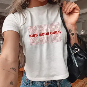 Kiss More Girls Lesbian Baby Tee, Aesthetic Gay Graphic Shirt, LGBTQ+ Pride Month Crop Top, Sapphic Queer Fashion, WLW Femme Subtle Gift